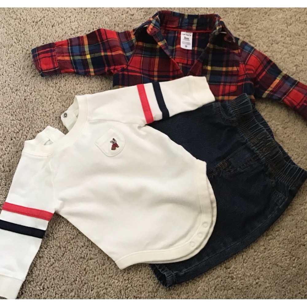 Carter’s set, jeans and flannel shirt, Janie and Jack top, Size 0 to 3M Bundle.